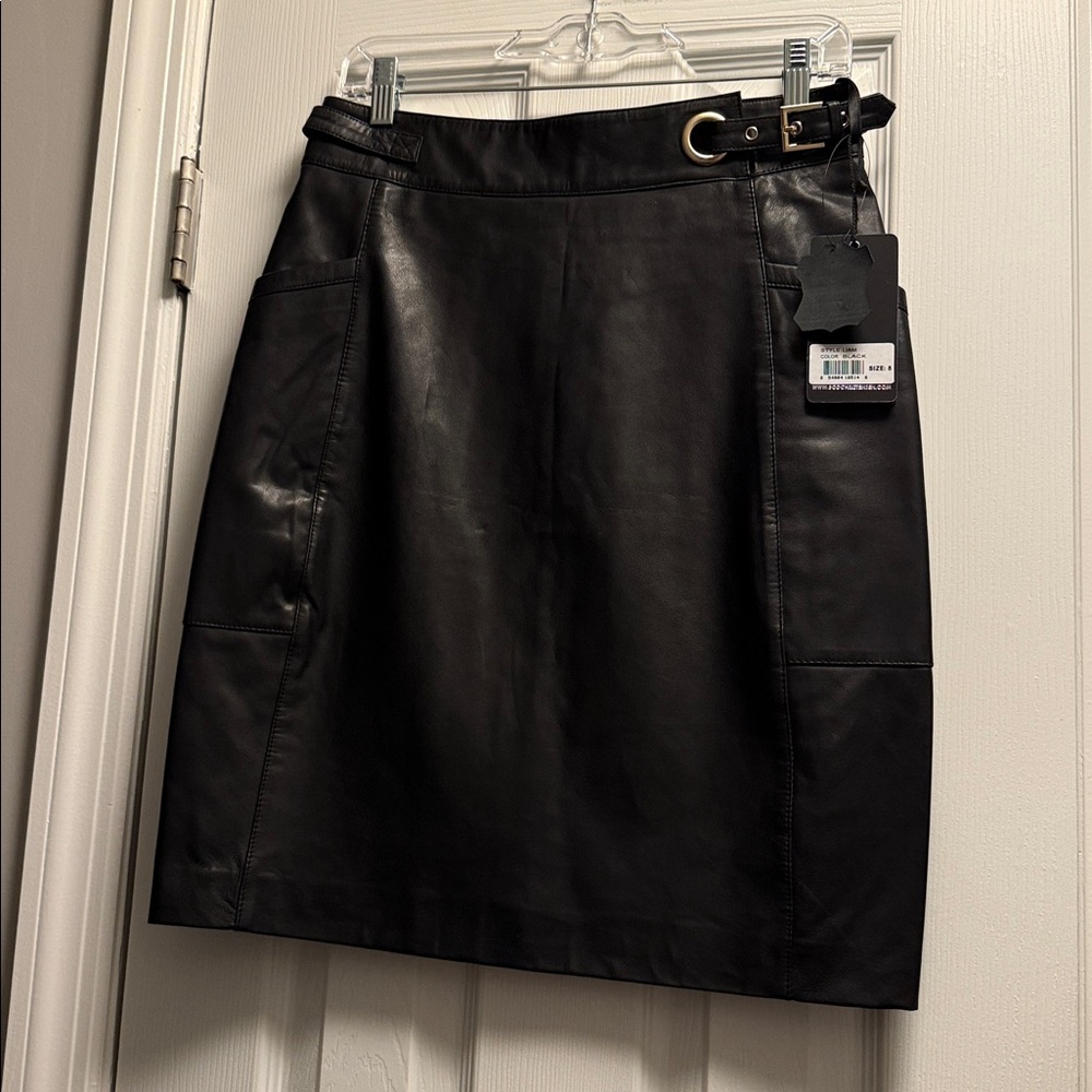 Black Leather A-Line Skirt with Buckle Detail